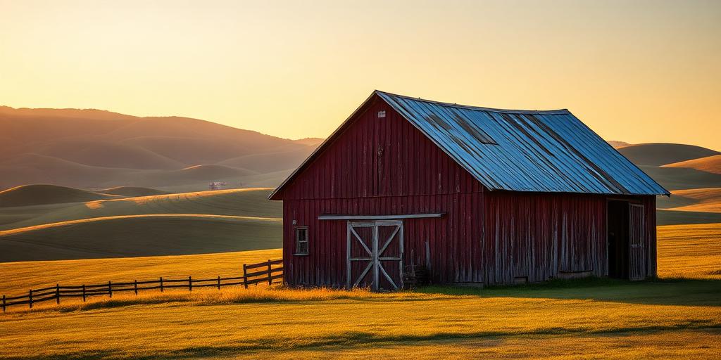 Weathered red barn with rolling hills behind it at golden hour