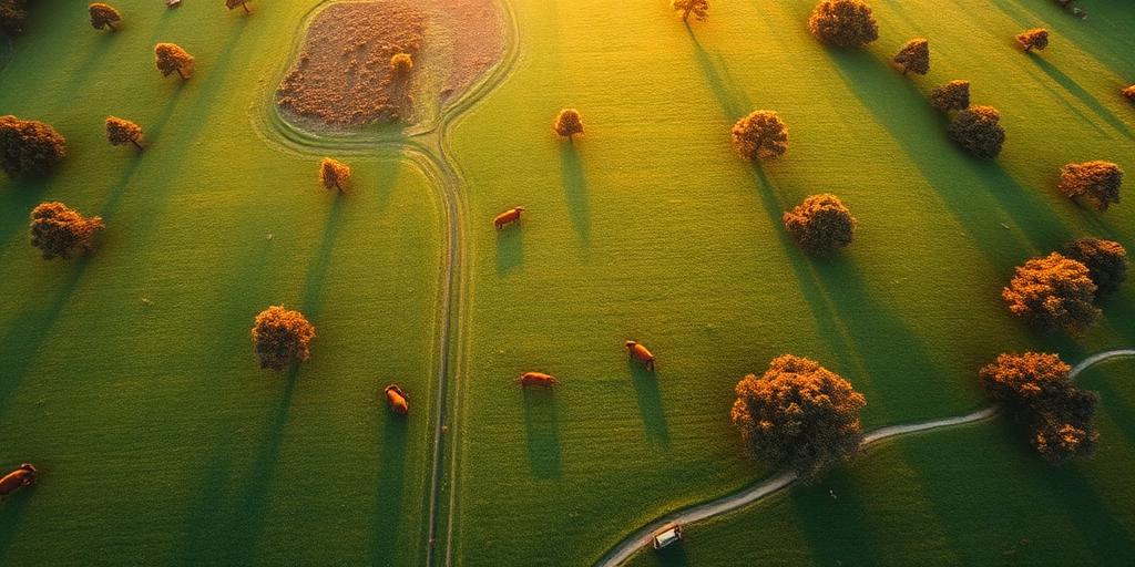 Aerial view of green cattle pasture with scattered oak trees